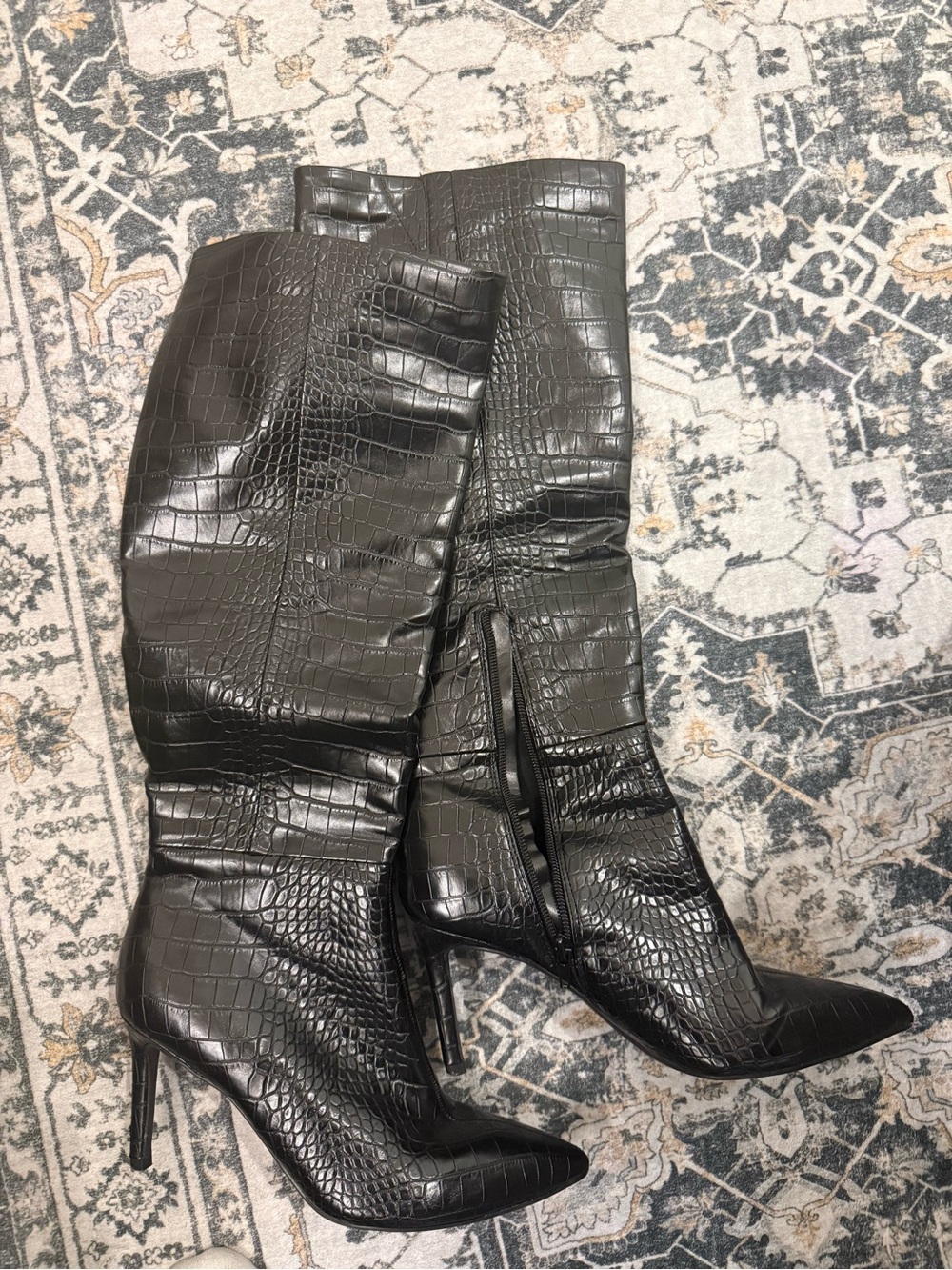 Nine West Black Croc-Embossed 3in Heel Boots